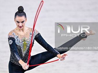 Alina Harnasko of Belarus competes in the rope final of the International Rhythmic Gymnastics Tournament 'Sky Grace 2024' at Aspire Zone Fou...