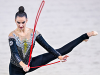 Alina Harnasko of Belarus competes in the rope final of the International Rhythmic Gymnastics Tournament 'Sky Grace 2024' at Aspire Zone Fou...