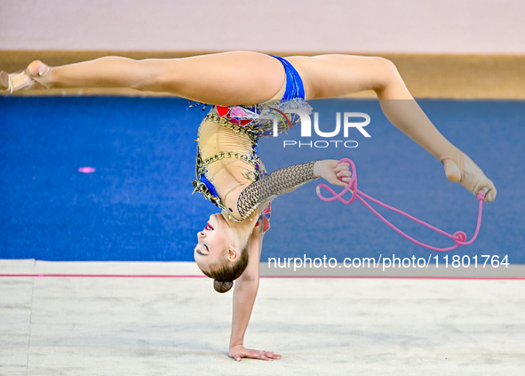 Natalya Usova of Uzbekistan competes in the rope final of the International Rhythmic Gymnastics Tournament ''Sky Grace 2024'' at Aspire Zone...