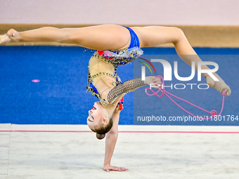 Natalya Usova of Uzbekistan competes in the rope final of the International Rhythmic Gymnastics Tournament ''Sky Grace 2024'' at Aspire Zone...