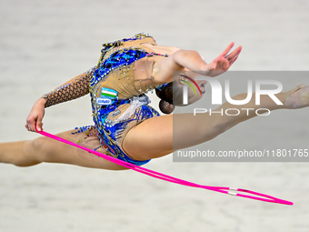 Natalya Usova of Uzbekistan competes in the rope final of the International Rhythmic Gymnastics Tournament ''Sky Grace 2024'' at Aspire Zone...