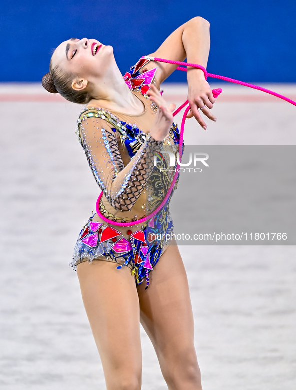 Natalya Usova of Uzbekistan competes in the rope final of the International Rhythmic Gymnastics Tournament ''Sky Grace 2024'' at Aspire Zone...