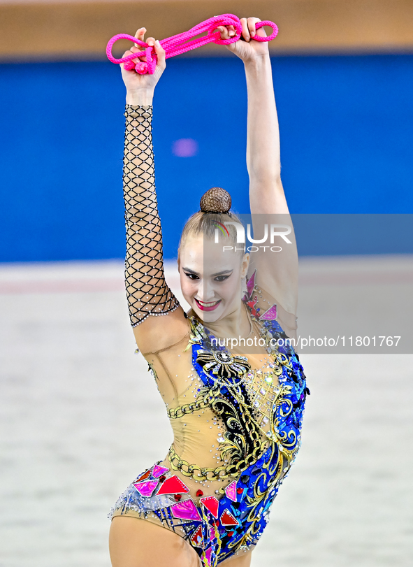 Natalya Usova of Uzbekistan competes in the rope final of the International Rhythmic Gymnastics Tournament ''Sky Grace 2024'' at Aspire Zone...