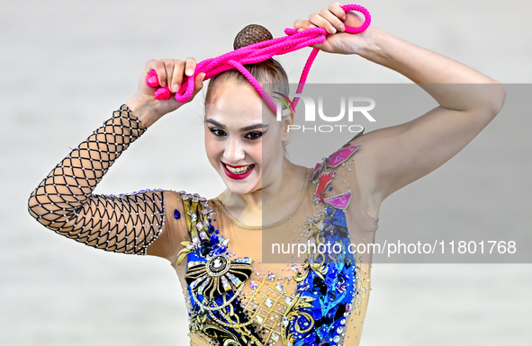 Natalya Usova of Uzbekistan competes in the rope final of the International Rhythmic Gymnastics Tournament ''Sky Grace 2024'' at Aspire Zone...