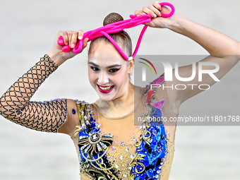 Natalya Usova of Uzbekistan competes in the rope final of the International Rhythmic Gymnastics Tournament ''Sky Grace 2024'' at Aspire Zone...