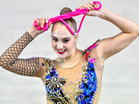 Natalya Usova of Uzbekistan competes in the rope final of the International Rhythmic Gymnastics Tournament ''Sky Grace 2024'' at Aspire Zone...