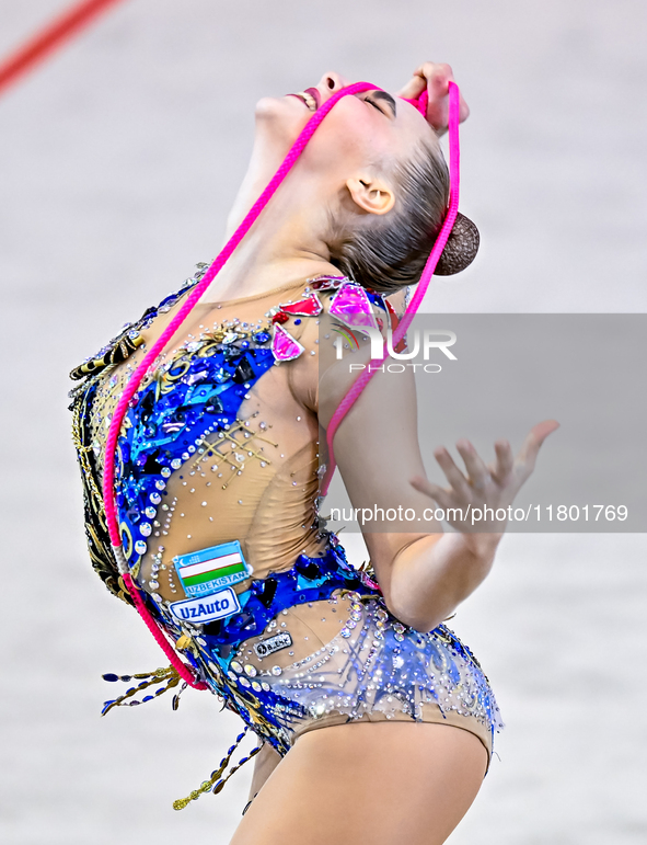 Natalya Usova of Uzbekistan competes in the rope final of the International Rhythmic Gymnastics Tournament ''Sky Grace 2024'' at Aspire Zone...