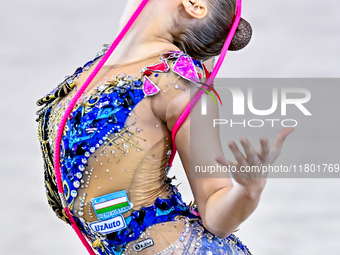 Natalya Usova of Uzbekistan competes in the rope final of the International Rhythmic Gymnastics Tournament ''Sky Grace 2024'' at Aspire Zone...