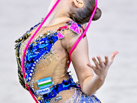 Natalya Usova of Uzbekistan competes in the rope final of the International Rhythmic Gymnastics Tournament ''Sky Grace 2024'' at Aspire Zone...