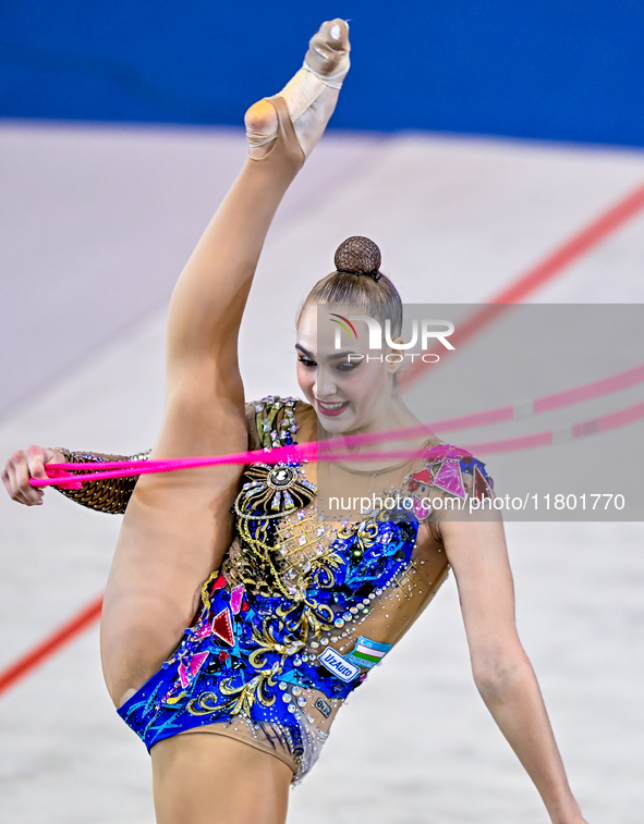 Natalya Usova of Uzbekistan competes in the rope final of the International Rhythmic Gymnastics Tournament ''Sky Grace 2024'' at Aspire Zone...