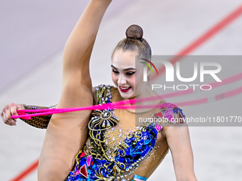 Natalya Usova of Uzbekistan competes in the rope final of the International Rhythmic Gymnastics Tournament ''Sky Grace 2024'' at Aspire Zone...