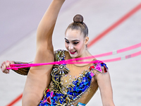 Natalya Usova of Uzbekistan competes in the rope final of the International Rhythmic Gymnastics Tournament ''Sky Grace 2024'' at Aspire Zone...