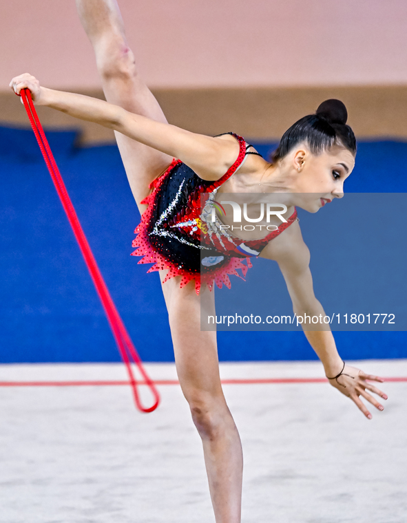 Mariia Borisova of Russia competes in the rope final of the International Rhythmic Gymnastics Tournament ''Sky Grace 2024'' at Aspire Zone F...