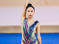 Aibota Yertaikyzy of Kazakhstan competes in the Hoop final of the International Rhythmic Gymnastics Tournament 'Sky Grace 2024' at Aspire Zo...