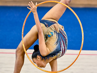 Aibota Yertaikyzy of Kazakhstan competes in the Hoop final of the International Rhythmic Gymnastics Tournament 'Sky Grace 2024' at Aspire Zo...