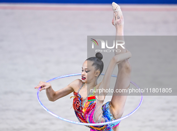 Anna Kondrashina of Belarus competes in the Hoop final of the International Rhythmic Gymnastics Tournament 'Sky Grace 2024' at Aspire Zone F...