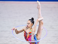 Anna Kondrashina of Belarus competes in the Hoop final of the International Rhythmic Gymnastics Tournament 'Sky Grace 2024' at Aspire Zone F...