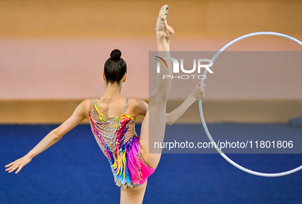 Anna Kondrashina of Belarus competes in the Hoop final of the International Rhythmic Gymnastics Tournament 'Sky Grace 2024' at Aspire Zone F...