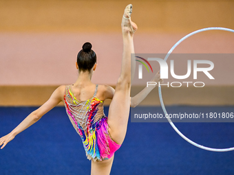 Anna Kondrashina of Belarus competes in the Hoop final of the International Rhythmic Gymnastics Tournament 'Sky Grace 2024' at Aspire Zone F...