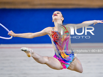 Anna Kondrashina of Belarus competes in the Hoop final of the International Rhythmic Gymnastics Tournament 'Sky Grace 2024' at Aspire Zone F...