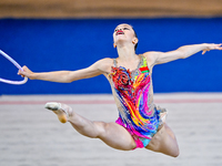 Anna Kondrashina of Belarus competes in the Hoop final of the International Rhythmic Gymnastics Tournament 'Sky Grace 2024' at Aspire Zone F...