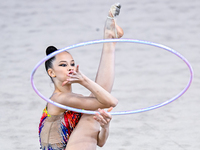 Anna Kondrashina of Belarus competes in the Hoop final of the International Rhythmic Gymnastics Tournament 'Sky Grace 2024' at Aspire Zone F...