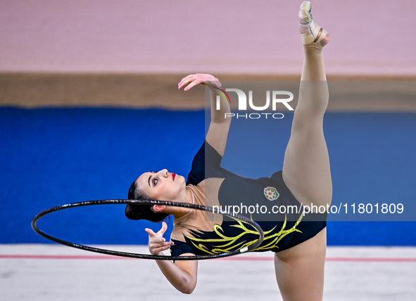 Zohra Aghamirova of Azerbaijan competes in the Hoop final of the International Rhythmic Gymnastics Tournament ''Sky Grace 2024'' at Aspire Z...