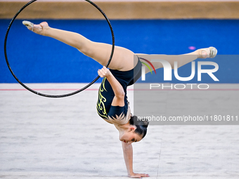 Zohra Aghamirova of Azerbaijan competes in the Hoop final of the International Rhythmic Gymnastics Tournament ''Sky Grace 2024'' at Aspire Z...