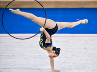 Zohra Aghamirova of Azerbaijan competes in the Hoop final of the International Rhythmic Gymnastics Tournament ''Sky Grace 2024'' at Aspire Z...