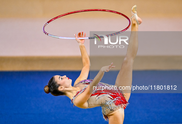 Andjela Mazibrada of Serbia competes in the Hoop final of the International Rhythmic Gymnastics Tournament ''Sky Grace 2024'' at Aspire Zone...