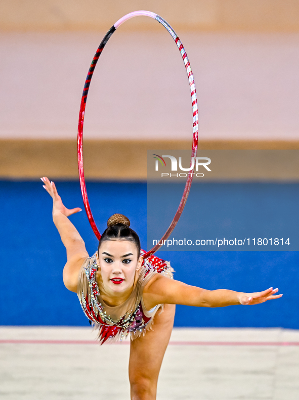 Andjela Mazibrada of Serbia competes in the Hoop final of the International Rhythmic Gymnastics Tournament ''Sky Grace 2024'' at Aspire Zone...