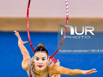 Andjela Mazibrada of Serbia competes in the Hoop final of the International Rhythmic Gymnastics Tournament ''Sky Grace 2024'' at Aspire Zone...