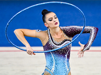 Alina Harnasko of Belarus competes in the Hoop final of the International Rhythmic Gymnastics Tournament 'Sky Grace 2024' at Aspire Zone Fou...