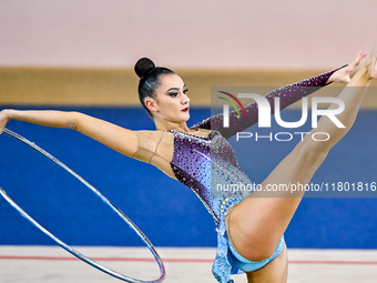 Alina Harnasko of Belarus competes in the Hoop final of the International Rhythmic Gymnastics Tournament 'Sky Grace 2024' at Aspire Zone Fou...