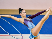 Alina Harnasko of Belarus competes in the Hoop final of the International Rhythmic Gymnastics Tournament 'Sky Grace 2024' at Aspire Zone Fou...