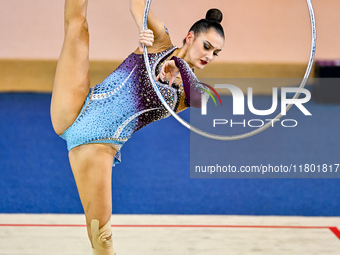 Alina Harnasko of Belarus competes in the Hoop final of the International Rhythmic Gymnastics Tournament 'Sky Grace 2024' at Aspire Zone Fou...