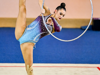 Alina Harnasko of Belarus competes in the Hoop final of the International Rhythmic Gymnastics Tournament 'Sky Grace 2024' at Aspire Zone Fou...