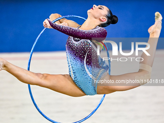 Alina Harnasko of Belarus competes in the Hoop final of the International Rhythmic Gymnastics Tournament 'Sky Grace 2024' at Aspire Zone Fou...