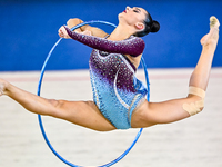 Alina Harnasko of Belarus competes in the Hoop final of the International Rhythmic Gymnastics Tournament 'Sky Grace 2024' at Aspire Zone Fou...