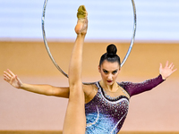 Alina Harnasko of Belarus competes in the Hoop final of the International Rhythmic Gymnastics Tournament 'Sky Grace 2024' at Aspire Zone Fou...