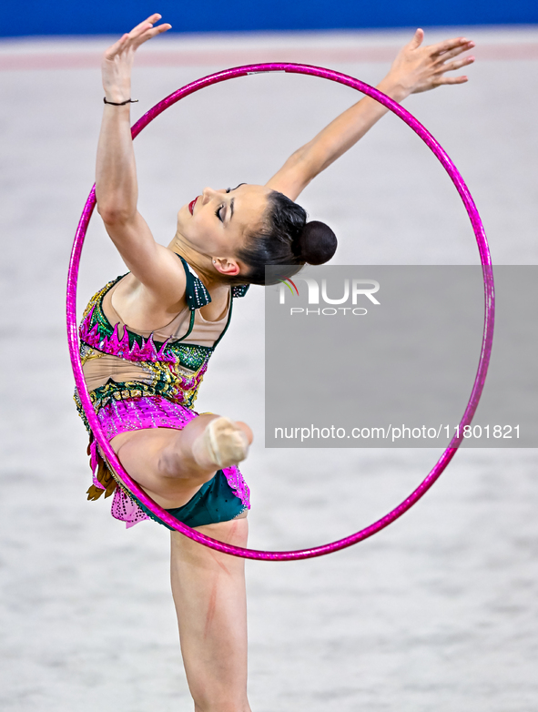 Mariia Borisova of Russia competes in the Hoop final of the International Rhythmic Gymnastics Tournament ''Sky Grace 2024'' at Aspire Zone F...