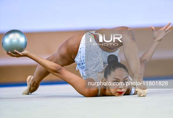 Aibota Yertaikyzy of Kazakhstan competes in the Ball final of the International Rhythmic Gymnastics Tournament ''Sky Grace 2024'' at Aspire...