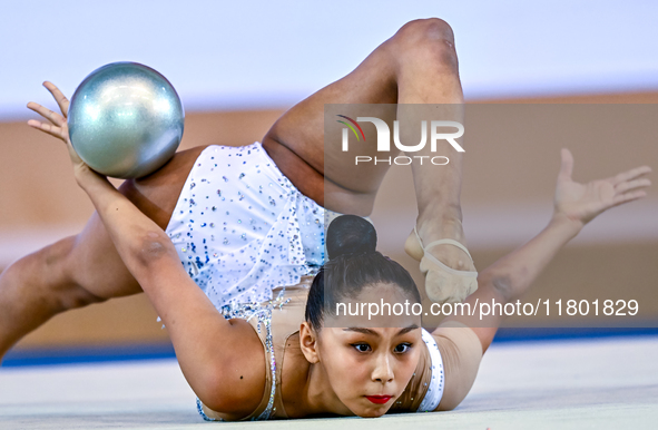 Aibota Yertaikyzy of Kazakhstan competes in the Ball final of the International Rhythmic Gymnastics Tournament ''Sky Grace 2024'' at Aspire...