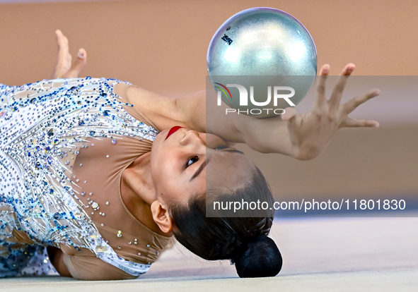 Aibota Yertaikyzy of Kazakhstan competes in the Ball final of the International Rhythmic Gymnastics Tournament ''Sky Grace 2024'' at Aspire...