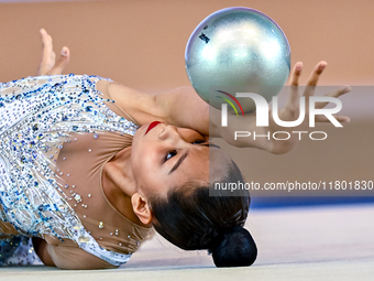 Aibota Yertaikyzy of Kazakhstan competes in the Ball final of the International Rhythmic Gymnastics Tournament ''Sky Grace 2024'' at Aspire...