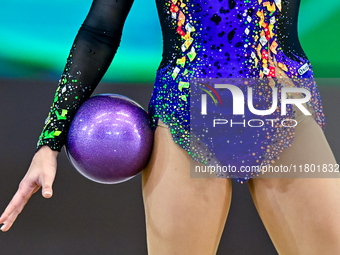 Natalya Usova of Uzbekistan competes in the Ball final of the International Rhythmic Gymnastics Tournament 'Sky Grace 2024' at Aspire Zone F...