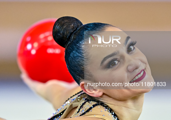 Alina Harnasko of Belarus competes in the Ball final of the International Rhythmic Gymnastics Tournament 'Sky Grace 2024' at Aspire Zone Fou...