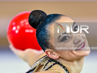 Alina Harnasko of Belarus competes in the Ball final of the International Rhythmic Gymnastics Tournament 'Sky Grace 2024' at Aspire Zone Fou...