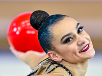 Alina Harnasko of Belarus competes in the Ball final of the International Rhythmic Gymnastics Tournament 'Sky Grace 2024' at Aspire Zone Fou...