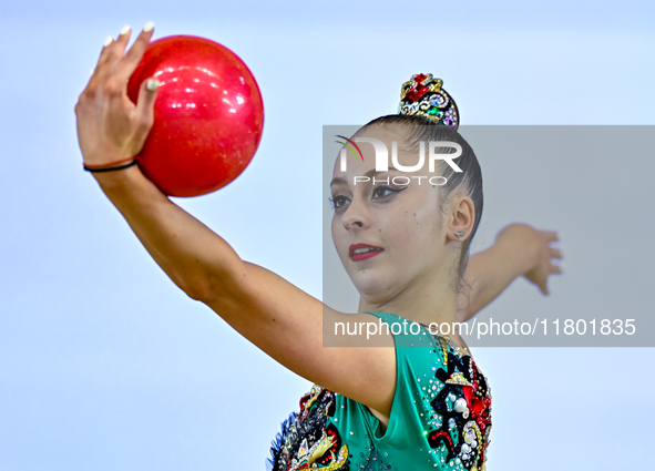 Silva Sargsyan of Armenia competes in the Ball final of the International Rhythmic Gymnastics Tournament ''Sky Grace 2024'' at Aspire Zone F...